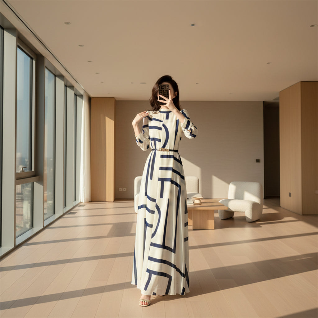 Woman taking a mirror selfie wearing a long dress with geometric pattern in a modern room.