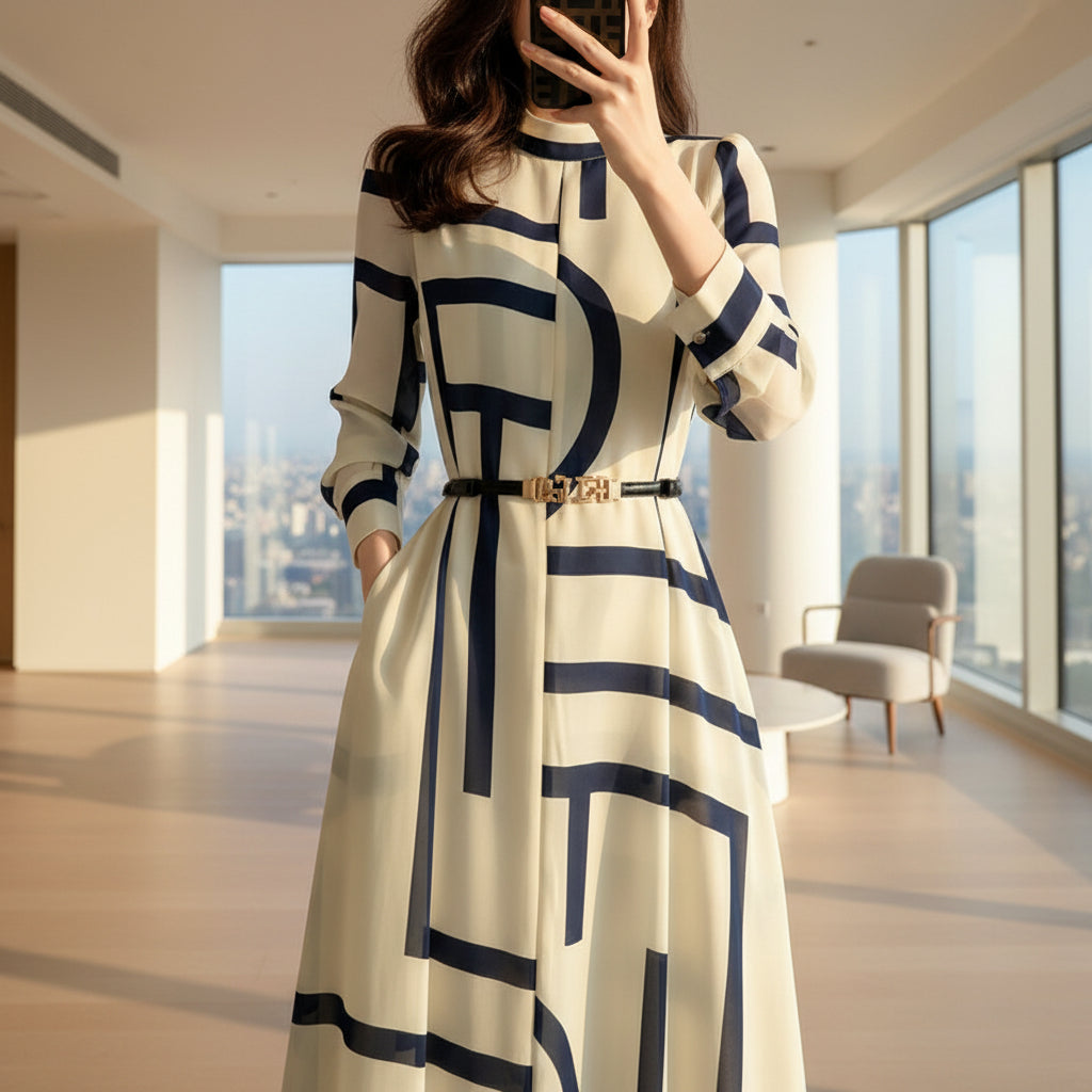 Woman wearing a long white dress with blue geometric patterns, standing in front of a marble wall.