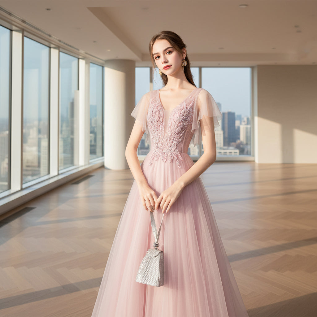 Woman in a pink evening gown holding a fan against a gray textured wall
