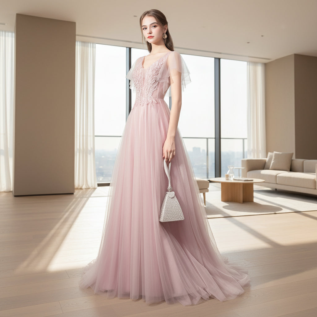 Woman in a pink evening gown against a textured gray wall