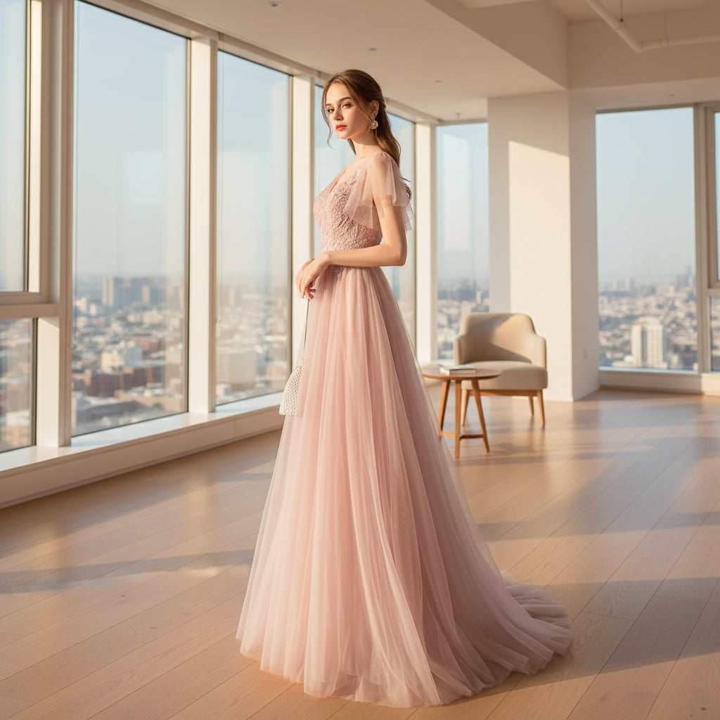 Woman in a pink evening gown standing against a textured gray wall.
