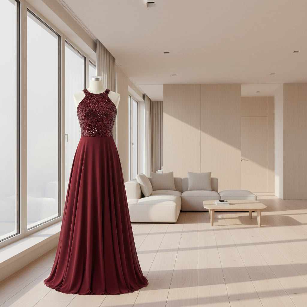 Woman wearing a burgundy evening gown with a sequined top in a store setting.