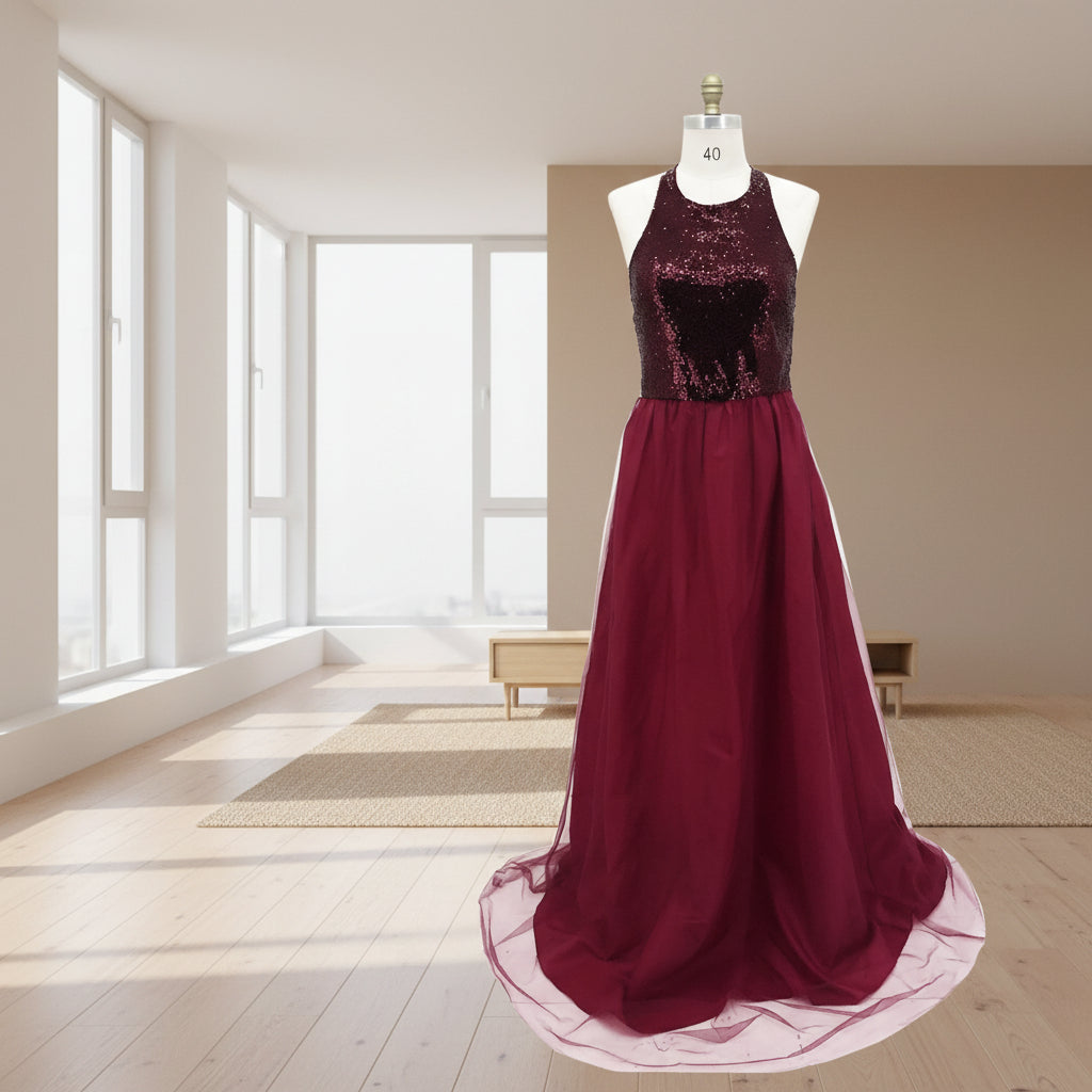 Maroon evening gown on a mannequin against a white background