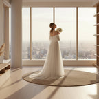 Woman in a white wedding dress holding flowers in a bright room with sheer curtains.