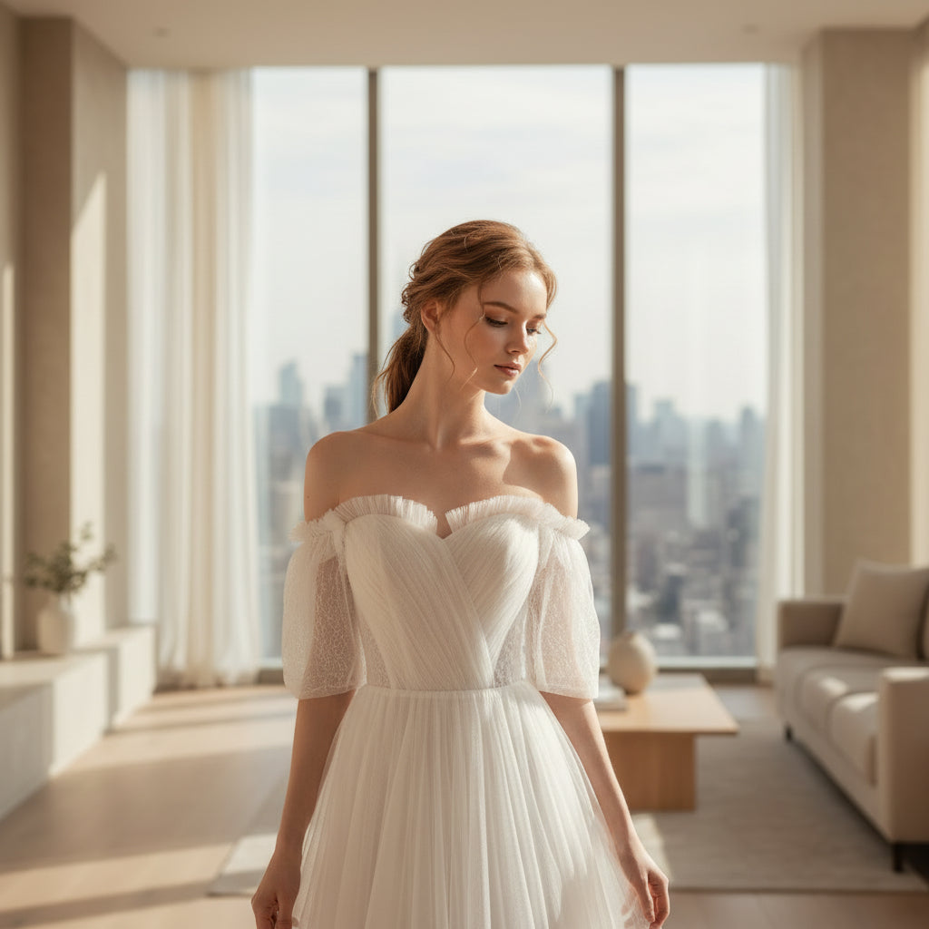Woman wearing a white off-shoulder dress with sheer sleeves in front of white curtains.
