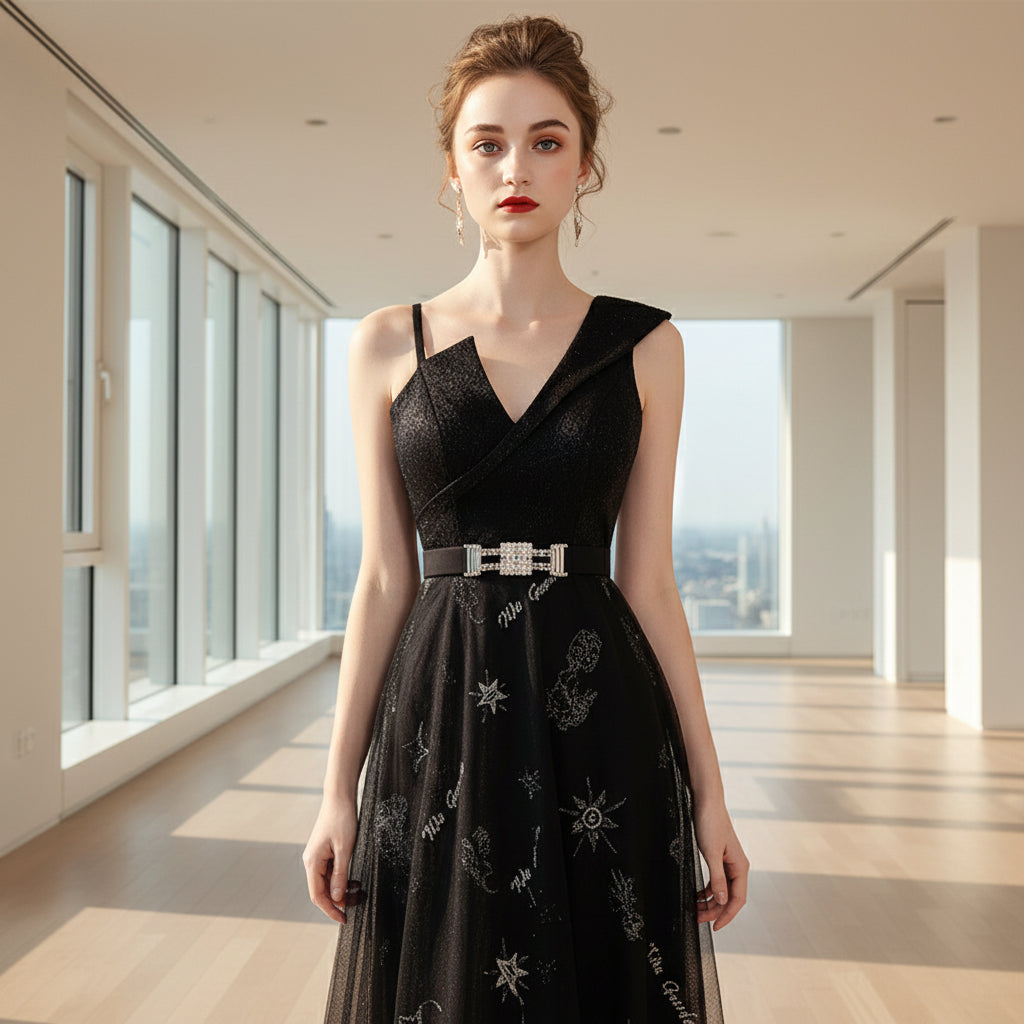 Woman wearing a black evening gown with silver embroidery on a white background