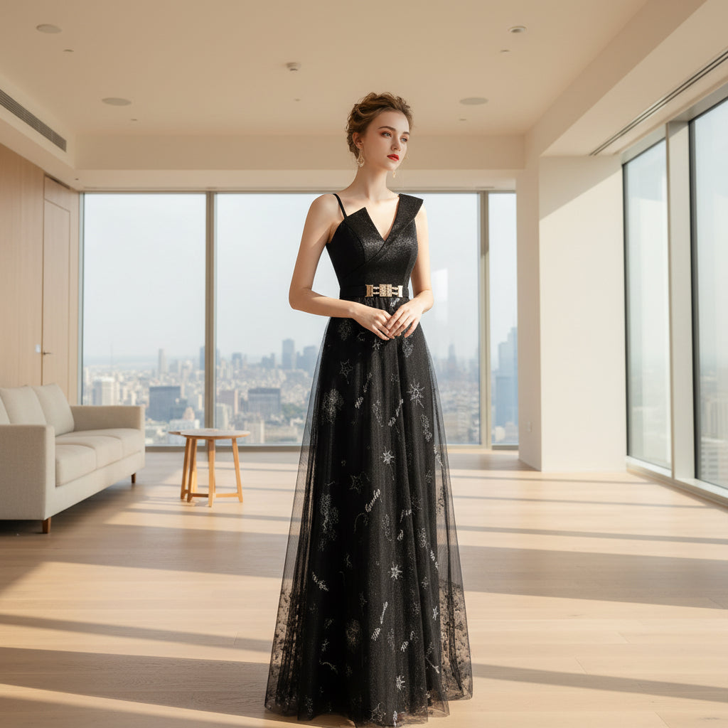 Woman wearing a black evening gown with floral embroidery on a white background