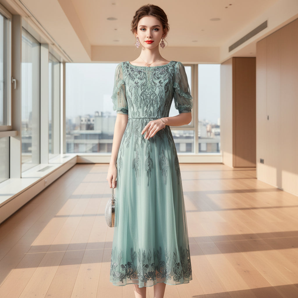 Woman wearing a light blue lace dress against a gray background