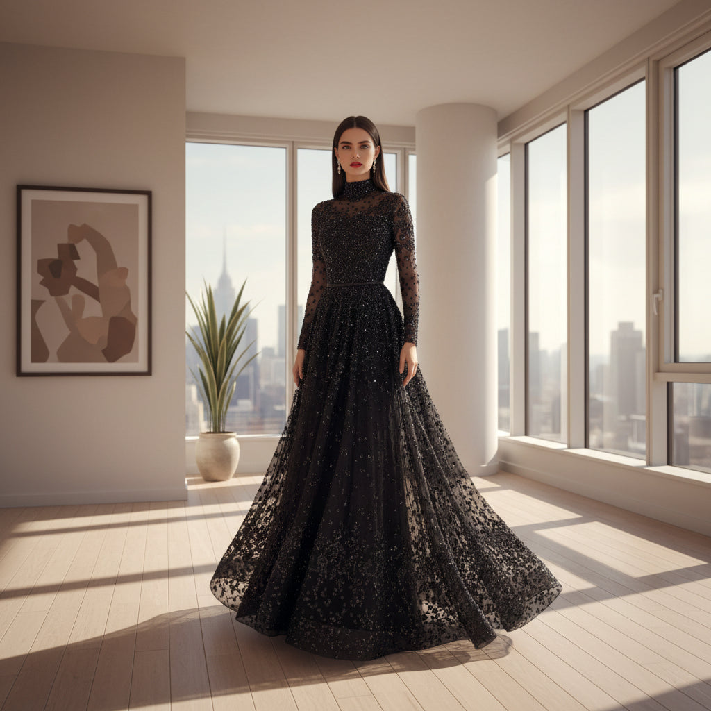Black sheer evening gown with long sleeves and a flowing skirt on a neutral background