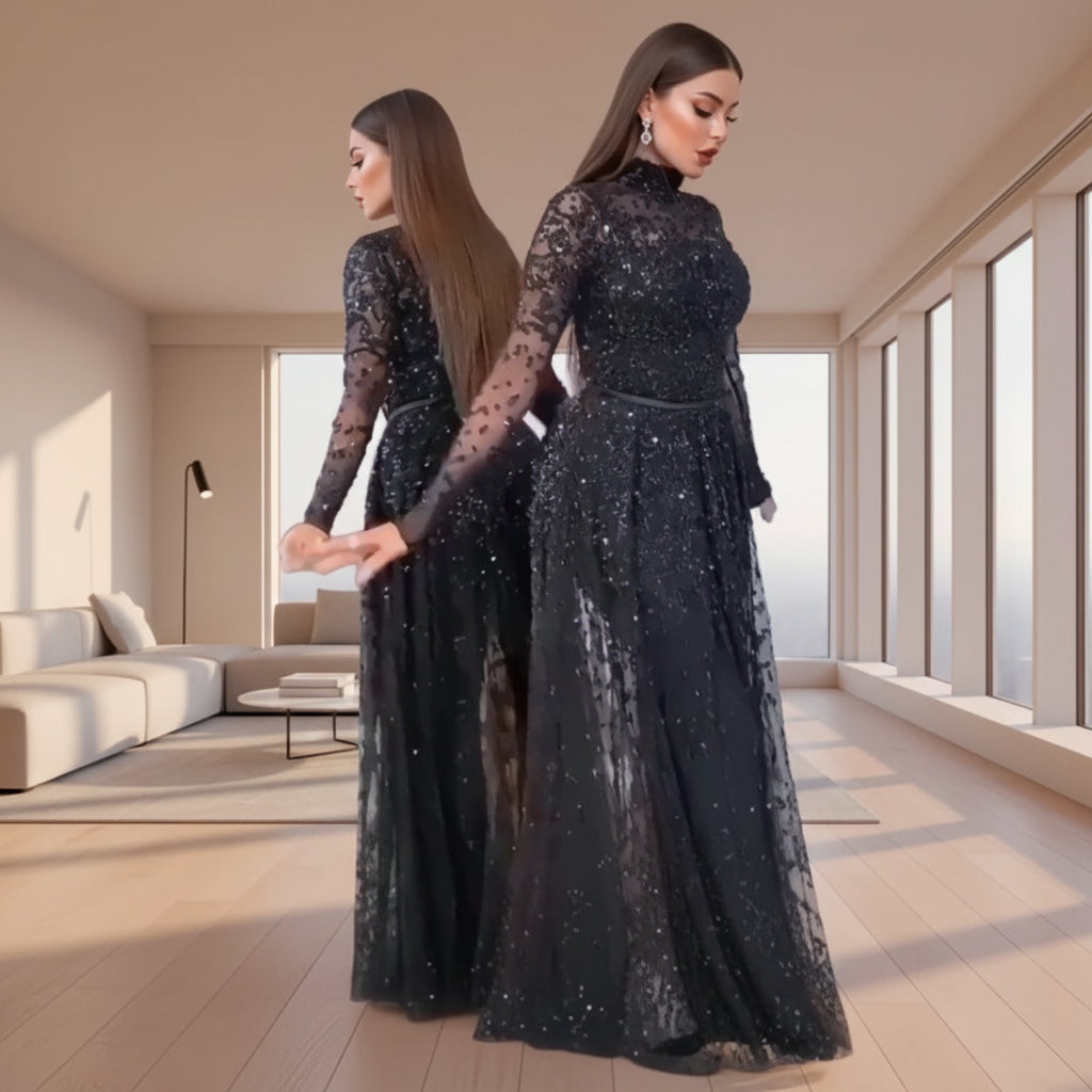 Woman wearing a black sequin dress against a neutral background