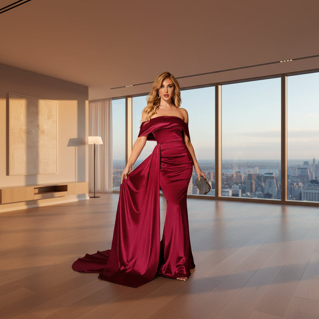 Woman in a burgundy evening gown holding a clutch in a dimly lit room.