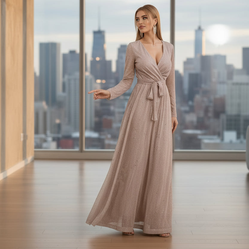Woman wearing a long, flowing dress in a room with white walls and a small table.