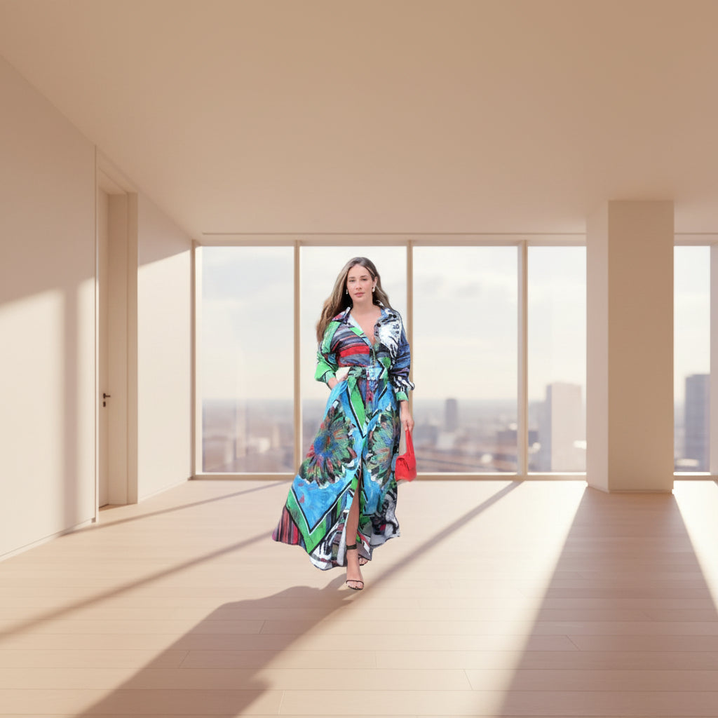 Woman in a colorful dress standing outside a store