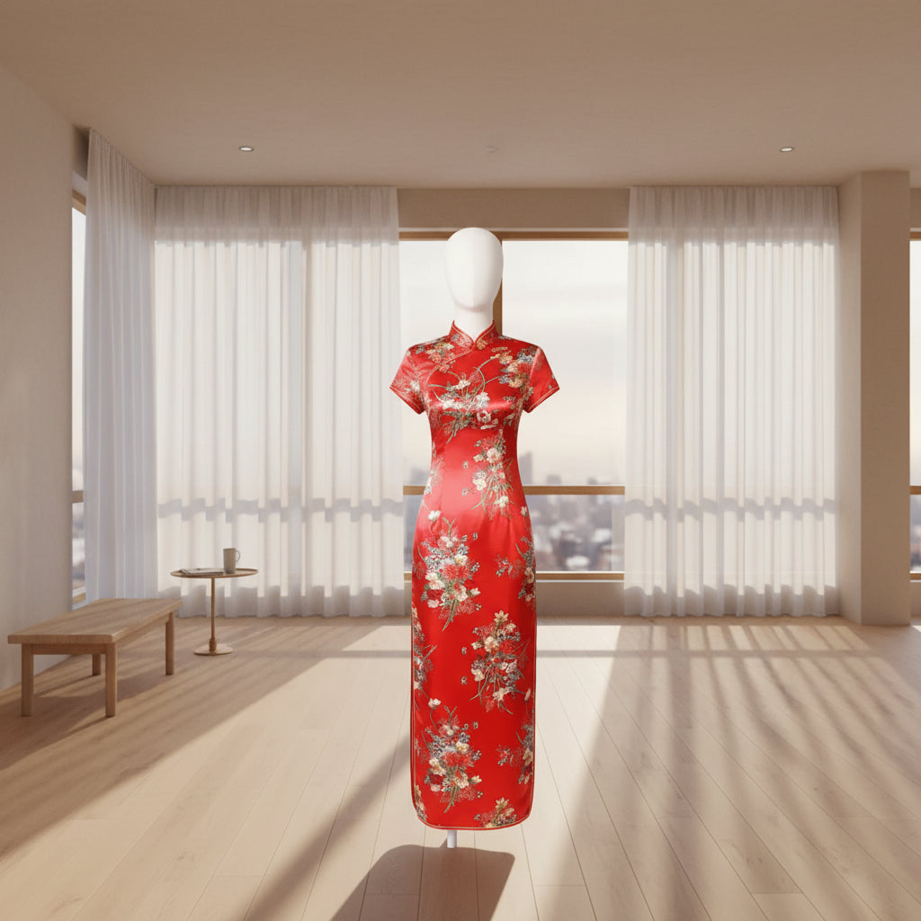 Red traditional garment with floral patterns on a plain background