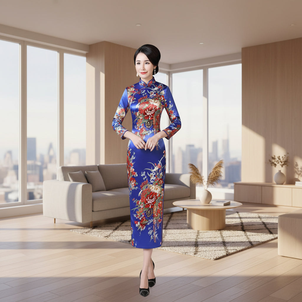 Woman in a traditional floral dress standing in a room with wooden furniture and decor.