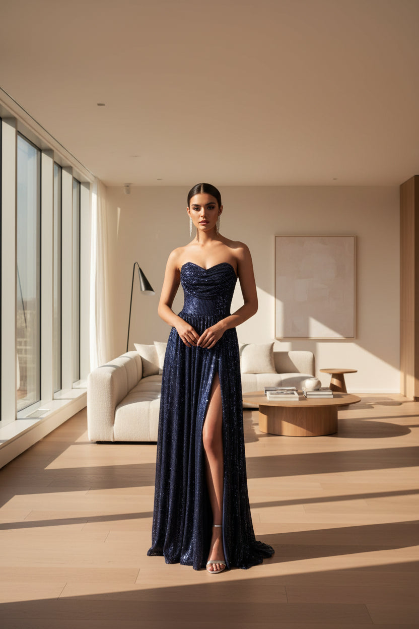 Woman wearing a strapless, sequined evening gown with a high slit on a gray background.