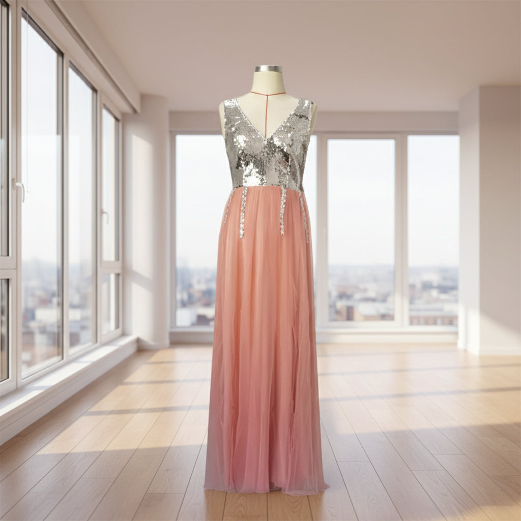 Long dress with sequined top and pink skirt on a mannequin against a white background