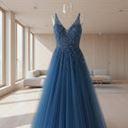 Woman wearing a blue evening gown with a city street background