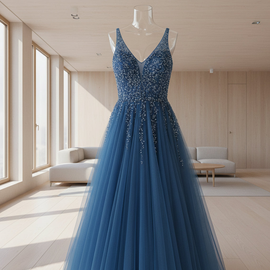 Woman wearing a blue evening gown with a city street background