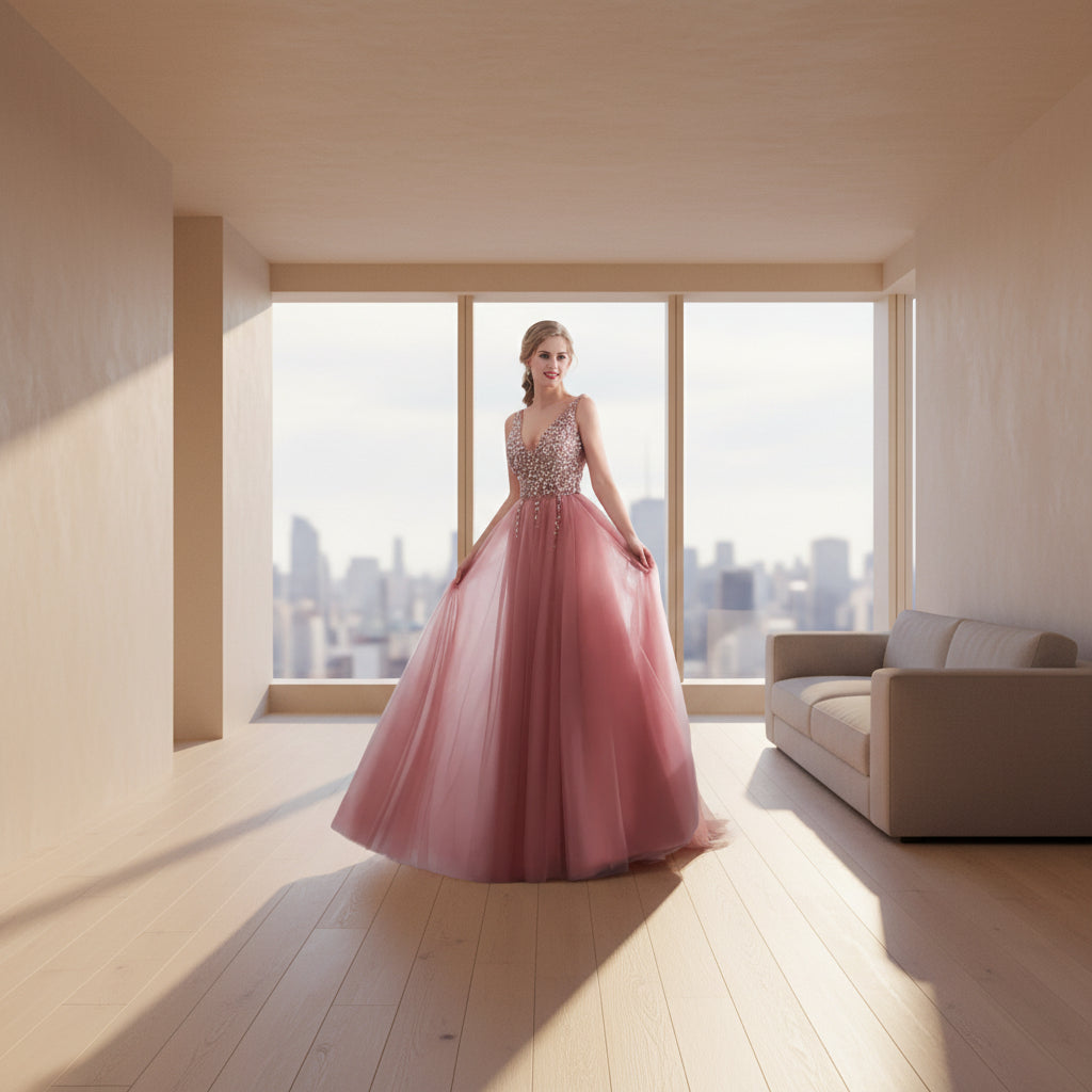 Pink evening gown with beaded top on a model against a white curtain background