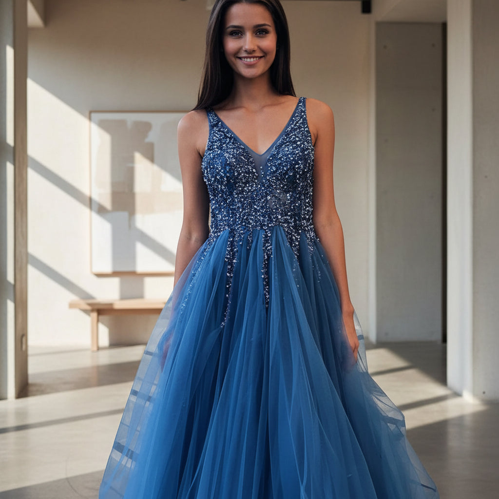 Woman in a blue evening gown standing on steps outside a building