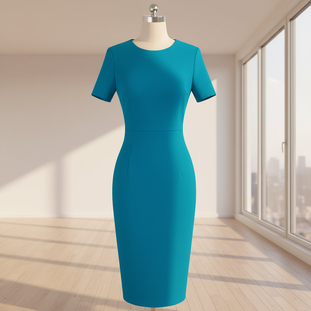 Teal dress on a mannequin against a white background