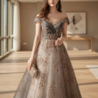 Elegant evening gown with floral patterns on a white background