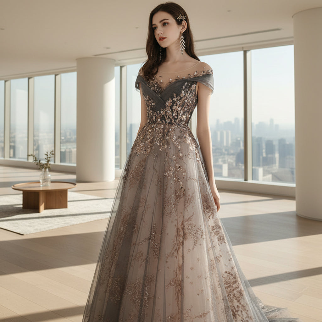 Woman wearing a gray evening gown with intricate detailing on a white background