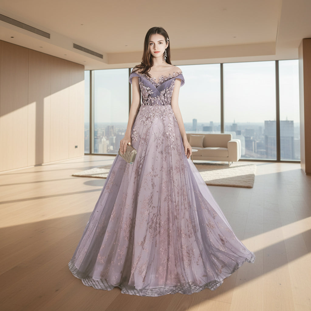 Woman wearing a purple evening gown with floral details on a white background