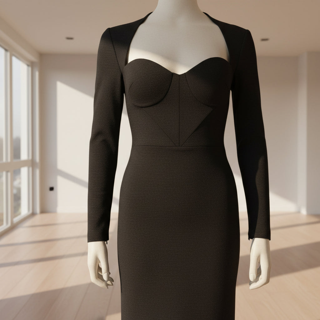 Black dress on a mannequin against a white background
