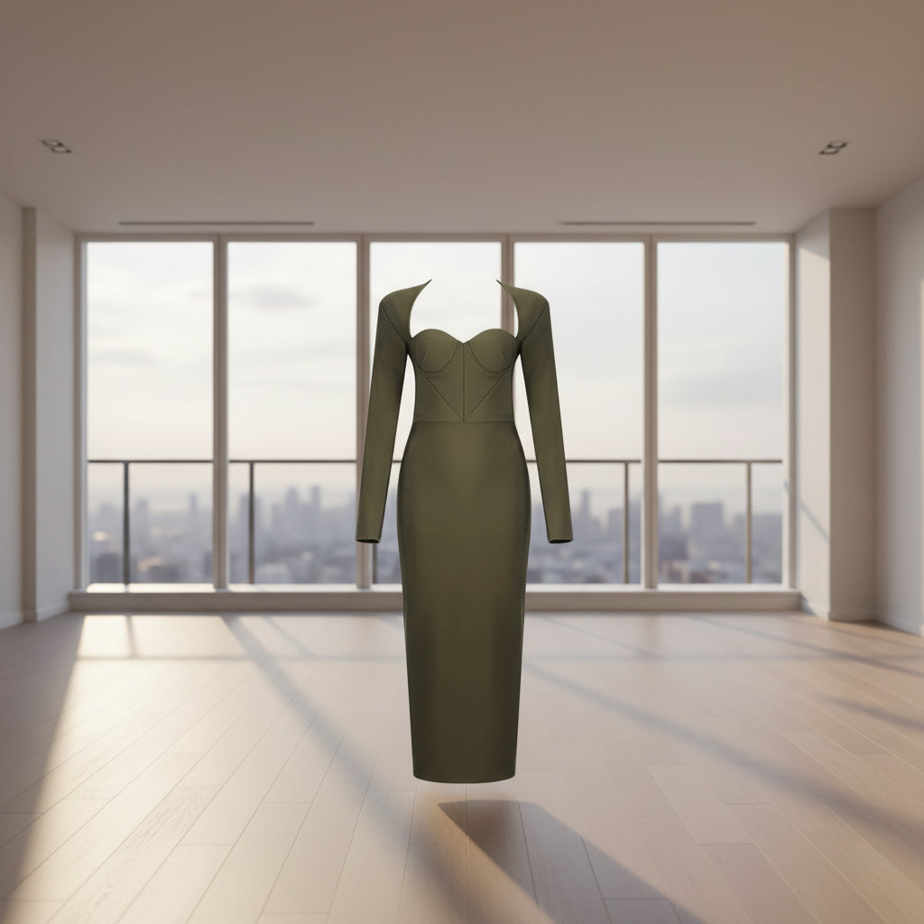 Green dress with long sleeves on a white background