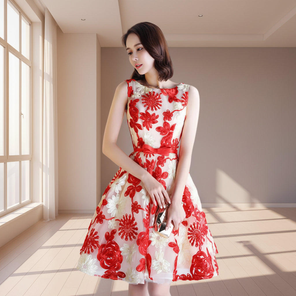 Woman wearing a red and white floral dress against a white background