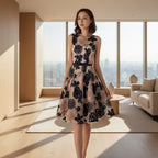 Woman wearing a floral dress against a white background