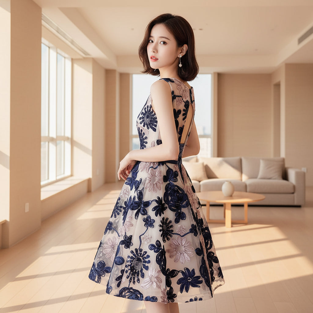 Woman wearing a floral dress with cut-out back design.