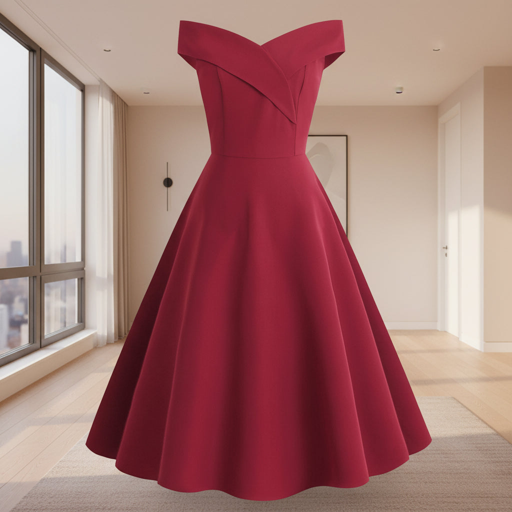 Red off-shoulder dress on a white background
