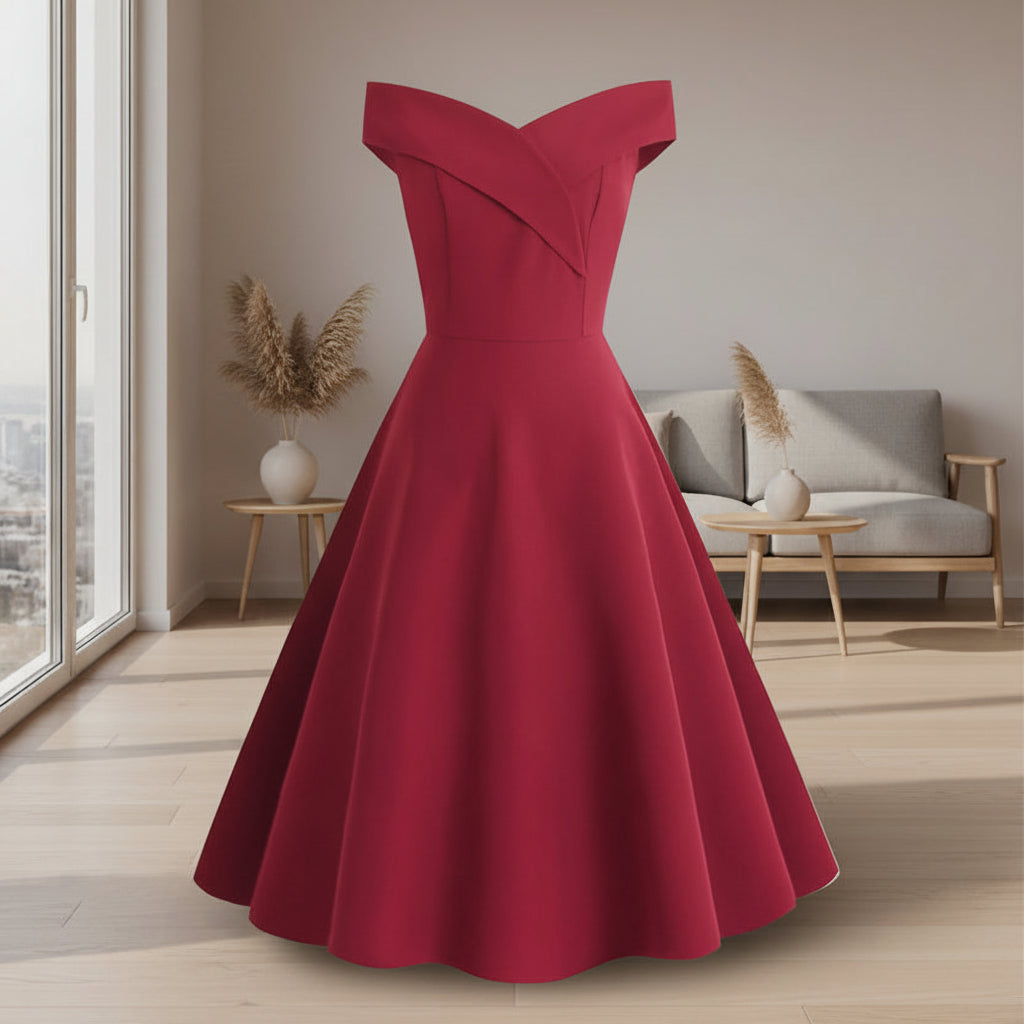Red off-shoulder dress on a white background